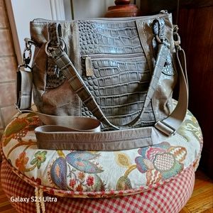 Soprano patent leather satchel with alligator embossed design. Dark taupe.